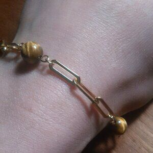 Tiger's Eye Ion Plated Gold Stainless Steel Dangle Adjustable Length Bracelet